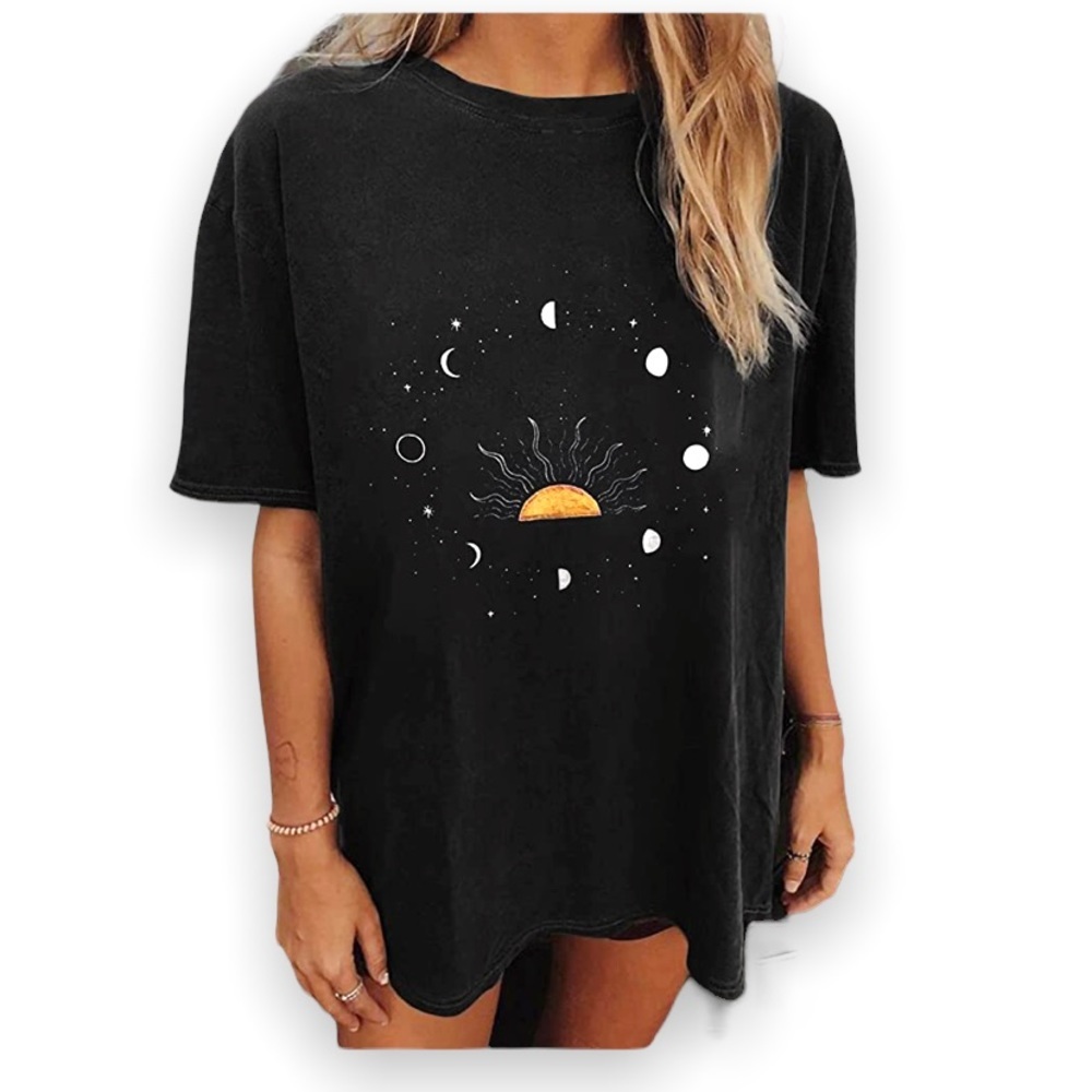 Boho Celestial Moon Phase Solar Sun Graphic T-Shirt Black Short Sleeve OS